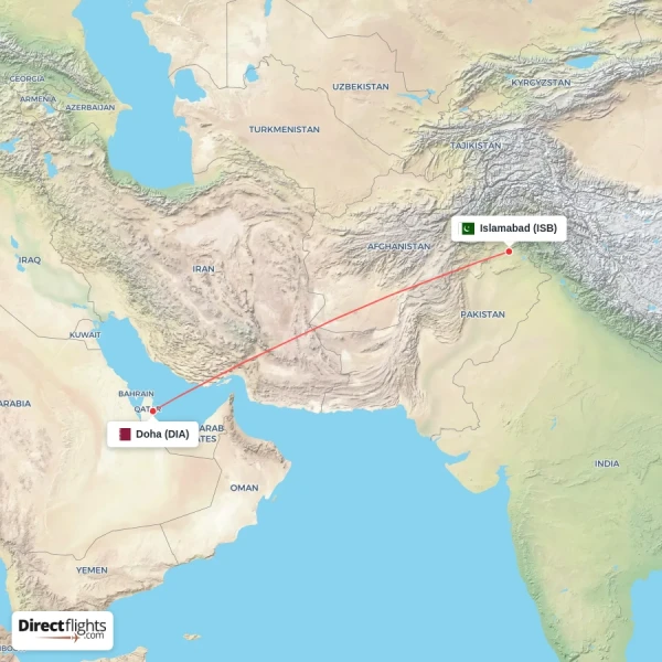 Doha - Islamabad direct flight map