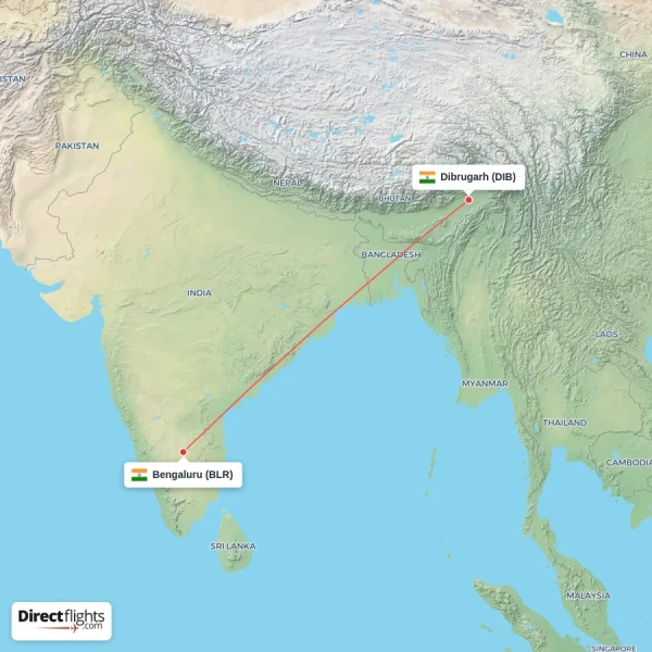 Dibrugarh - Bengaluru direct flight map