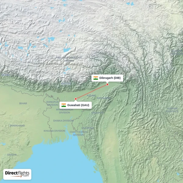 Dibrugarh - Guwahati direct flight map