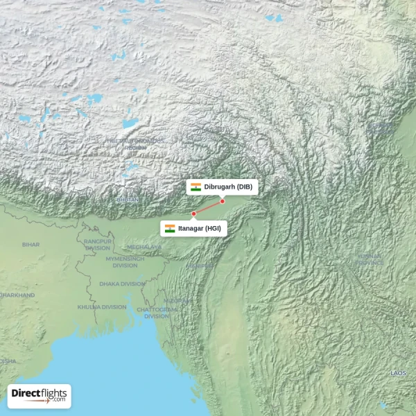 Dibrugarh - Itanagar direct flight map