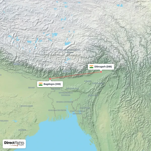 Dibrugarh - Bagdogra direct flight map