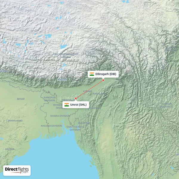 Dibrugarh - Umroi direct flight map
