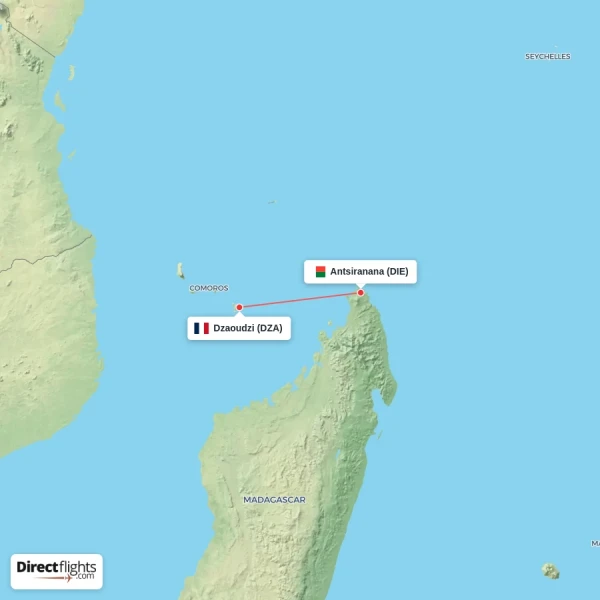 Antsiranana - Dzaoudzi direct flight map