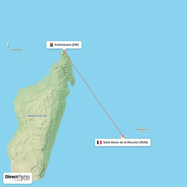 Antsiranana - Saint Denis de la Reunion direct flight map