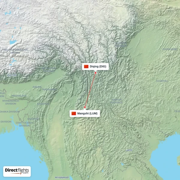 Diqing - Mangshi direct flight map