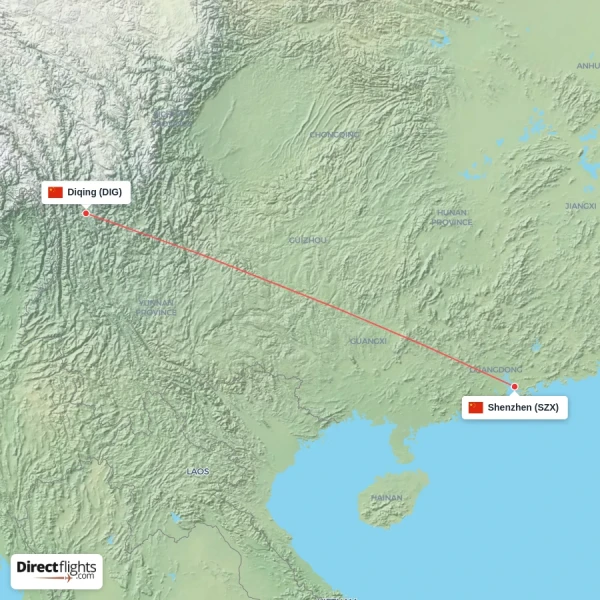 Diqing - Shenzhen direct flight map