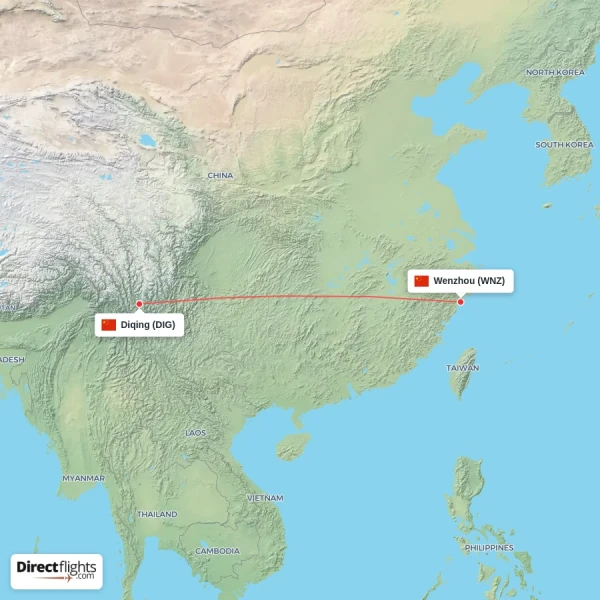 Diqing - Wenzhou direct flight map
