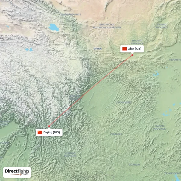 Diqing - Xian direct flight map