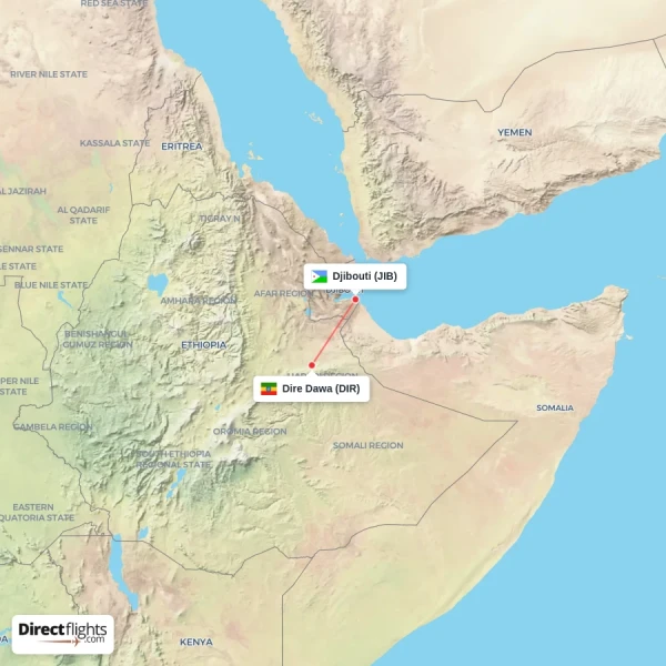 Dire Dawa - Djibouti direct flight map