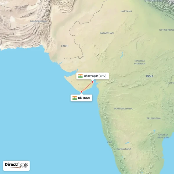 Diu - Bhavnagar direct flight map