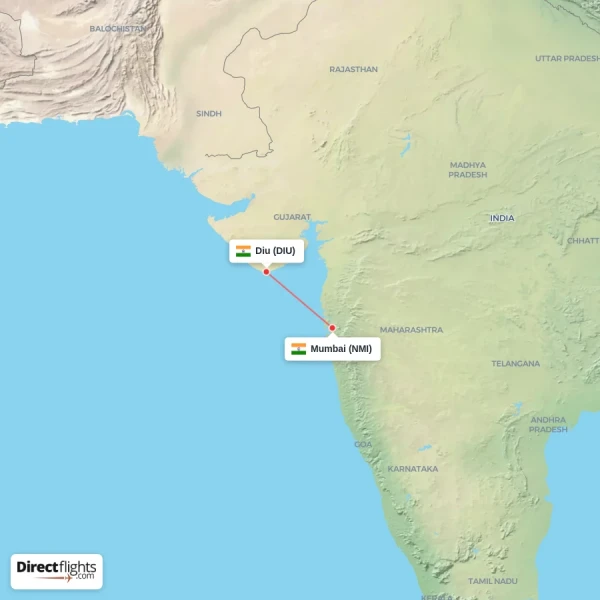 Diu - Mumbai direct flight map