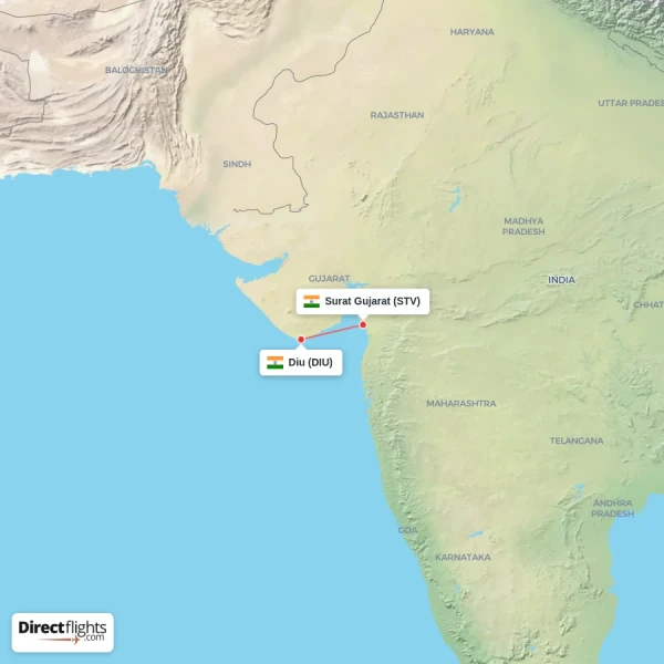 Diu - Surat Gujarat direct flight map