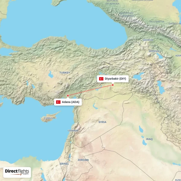 Diyarbakir - Adana direct flight map
