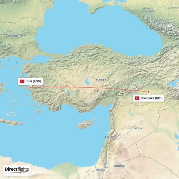 Diyarbakir - Izmir direct flight map
