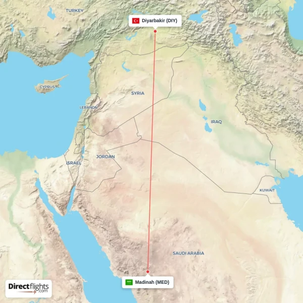 Diyarbakir - Madinah direct flight map