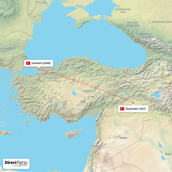 Diyarbakir - Istanbul direct flight map