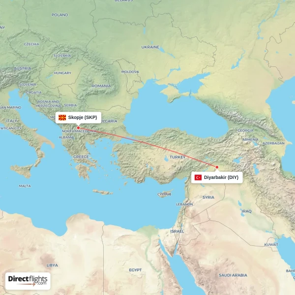 Diyarbakir - Skopje direct flight map