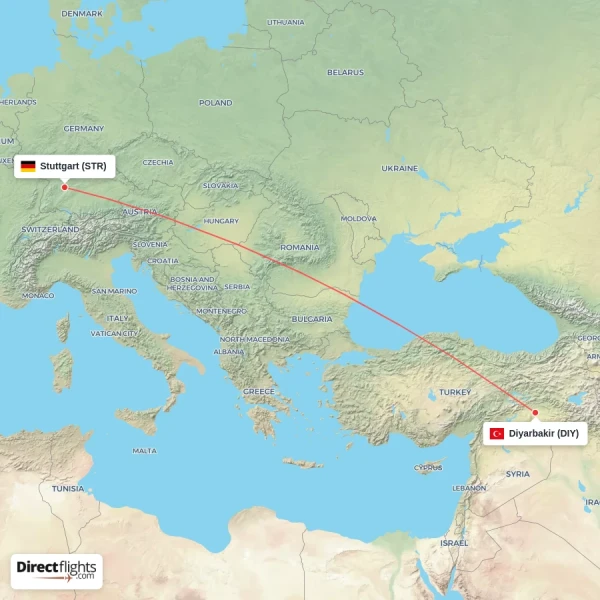 Diyarbakir - Stuttgart direct flight map