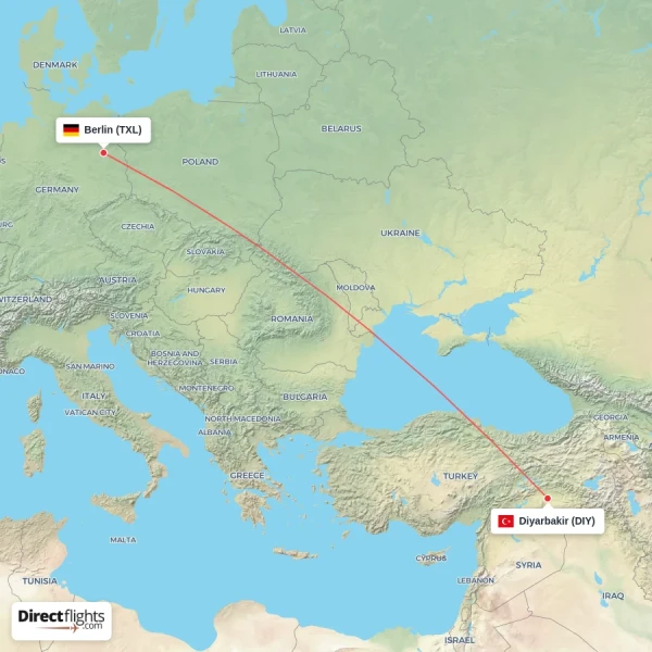 Diyarbakir - Berlin direct flight map