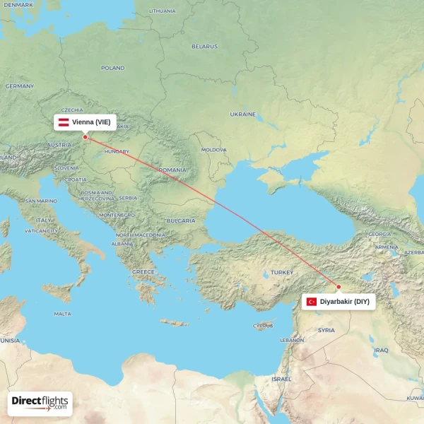 Diyarbakir - Vienna direct flight map