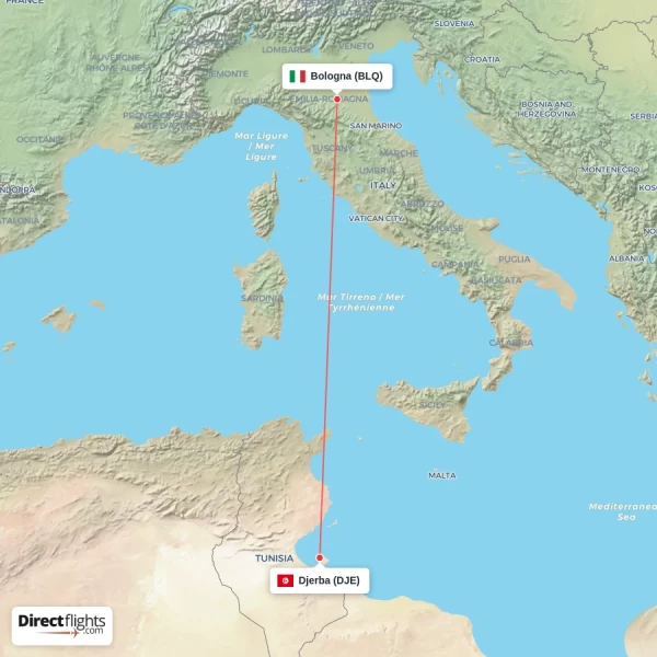 Djerba - Bologna direct flight map