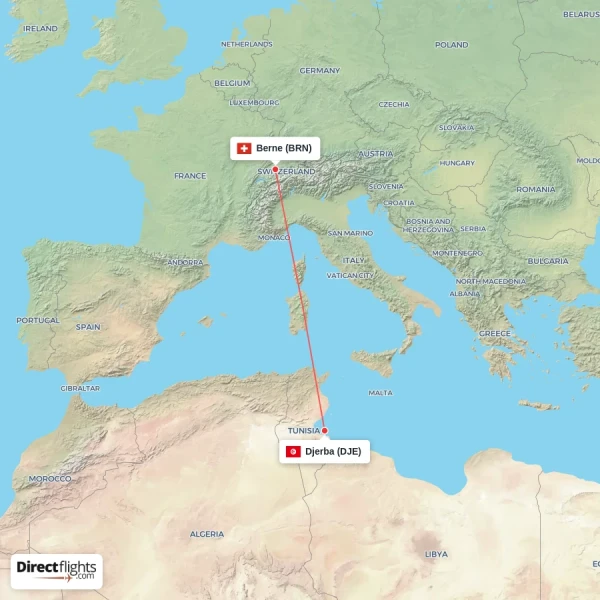Djerba - Berne direct flight map