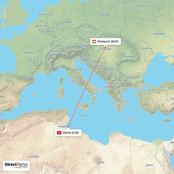 Djerba - Budapest direct flight map