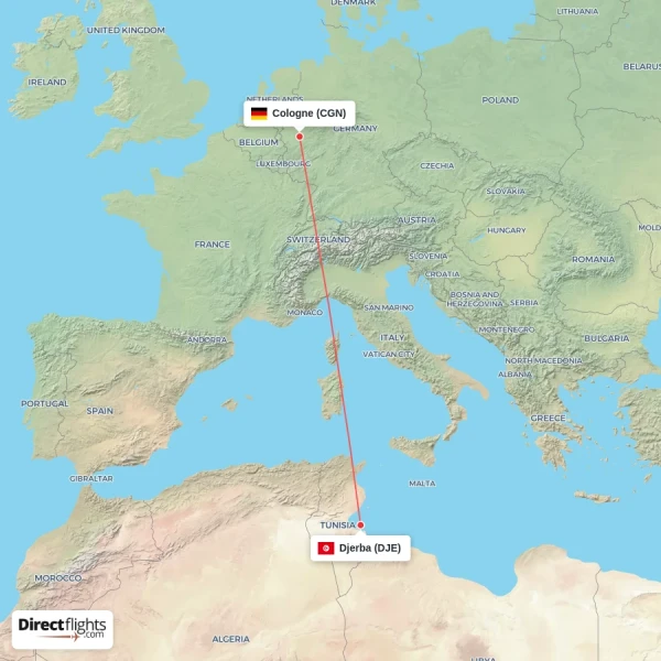 Djerba - Cologne direct flight map