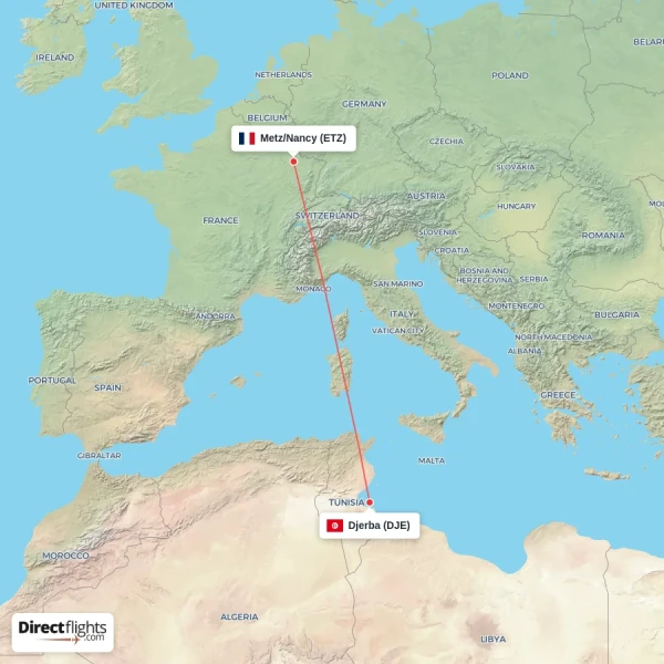 Djerba - Metz/Nancy direct flight map