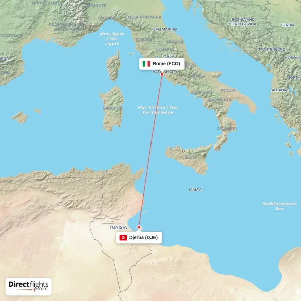 Djerba - Rome direct flight map