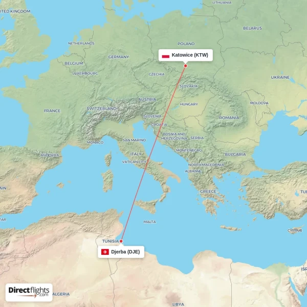 Djerba - Katowice direct flight map