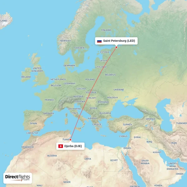 Djerba - Saint Petersburg direct flight map