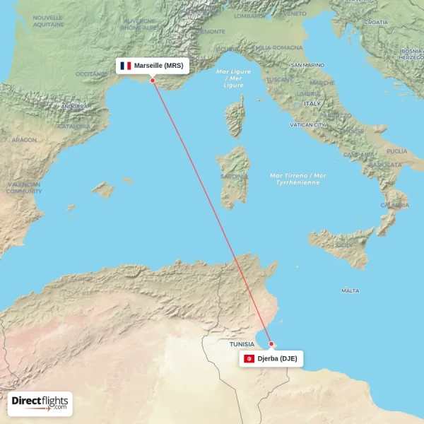 Djerba - Marseille direct flight map