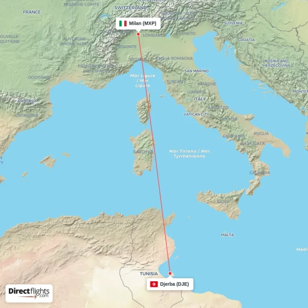 Djerba - Milan direct flight map