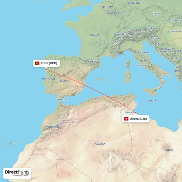 Djerba - Porto direct flight map