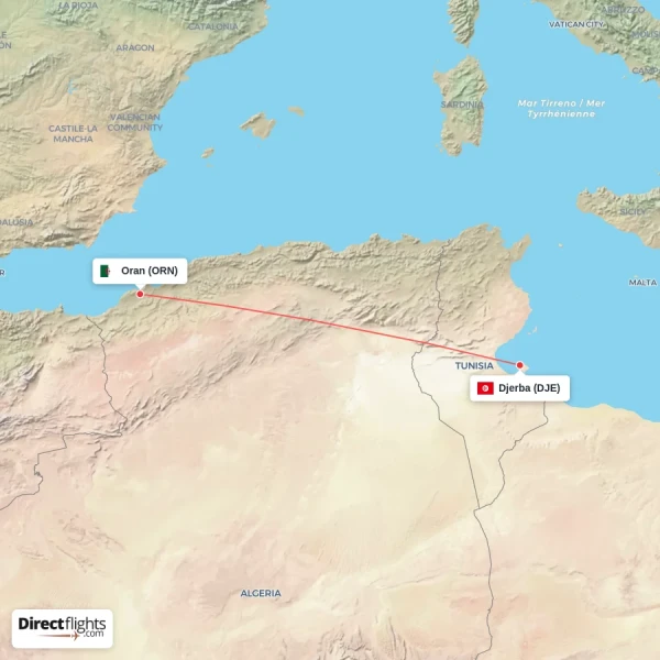Djerba - Oran direct flight map