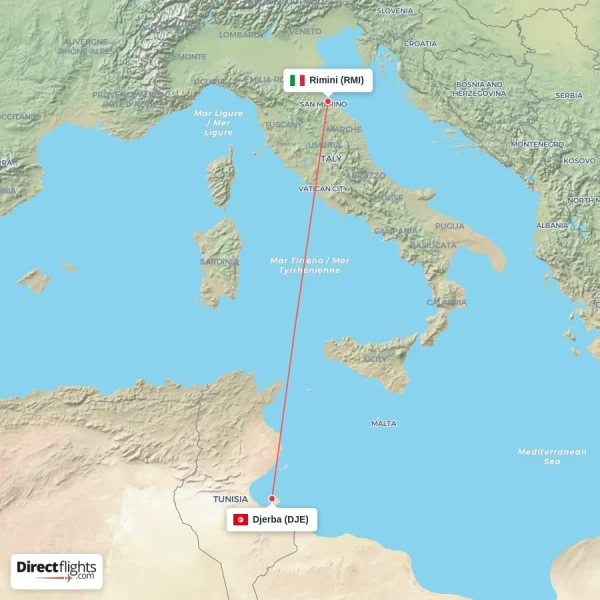 Djerba - Rimini direct flight map
