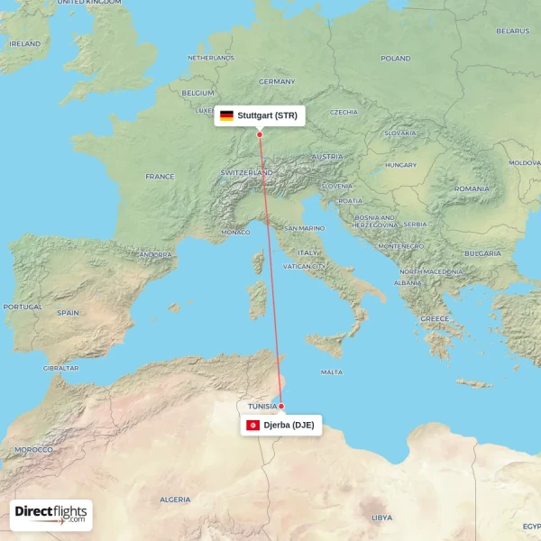Djerba - Stuttgart direct flight map