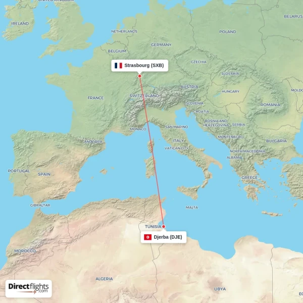 Djerba - Strasbourg direct flight map