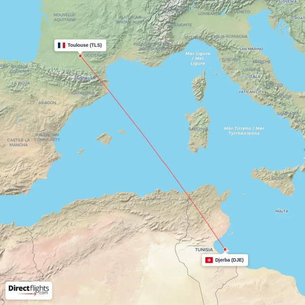 Djerba - Toulouse direct flight map