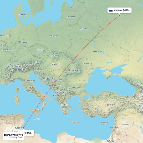 Djerba - Moscow direct flight map