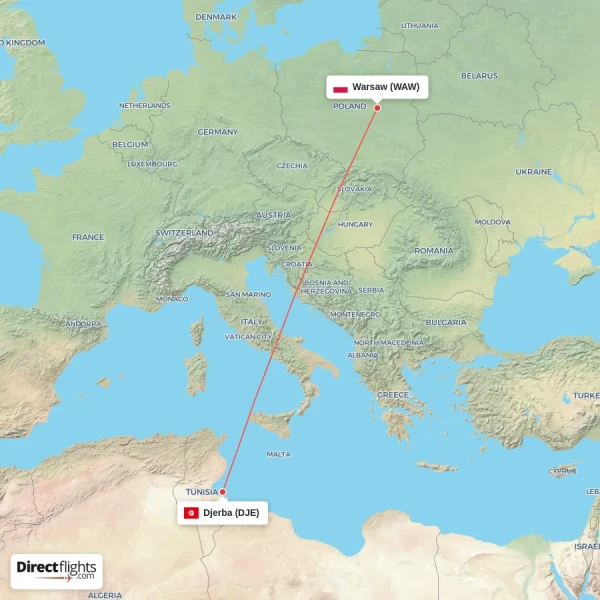 Djerba - Warsaw direct flight map