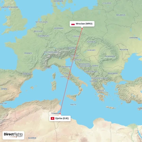Djerba - Wroclaw direct flight map