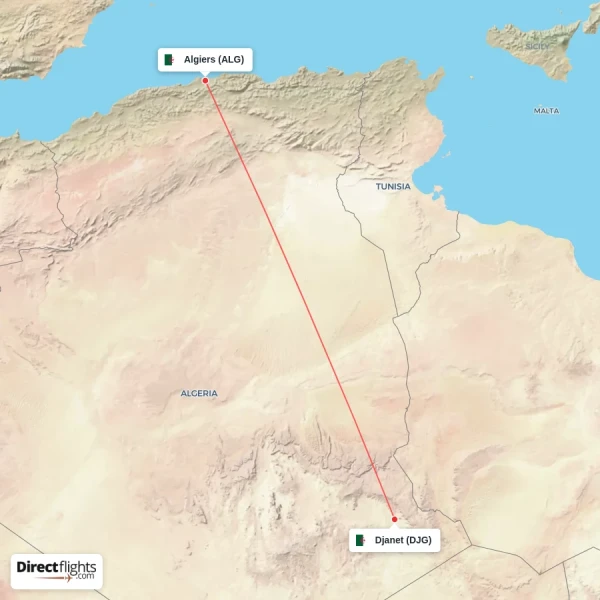 Djanet - Algiers direct flight map