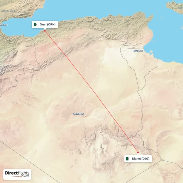 Djanet - Oran direct flight map