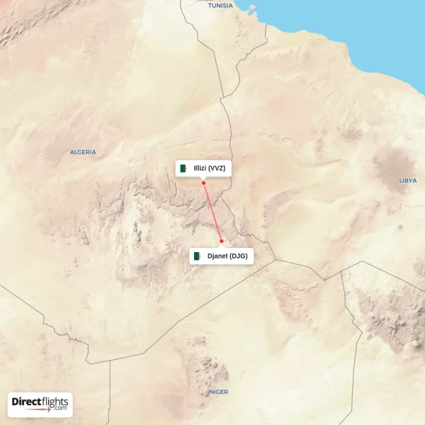 Djanet - Illizi direct flight map
