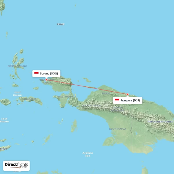 Jayapura - Sorong direct flight map