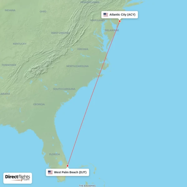 West Palm Beach - Atlantic City direct flight map