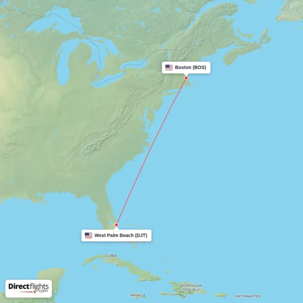 West Palm Beach - Boston direct flight map