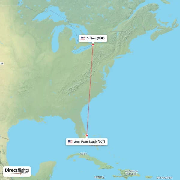 West Palm Beach - Buffalo direct flight map